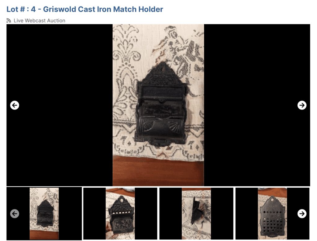auction listing for match keeper holder marked Griswold. 